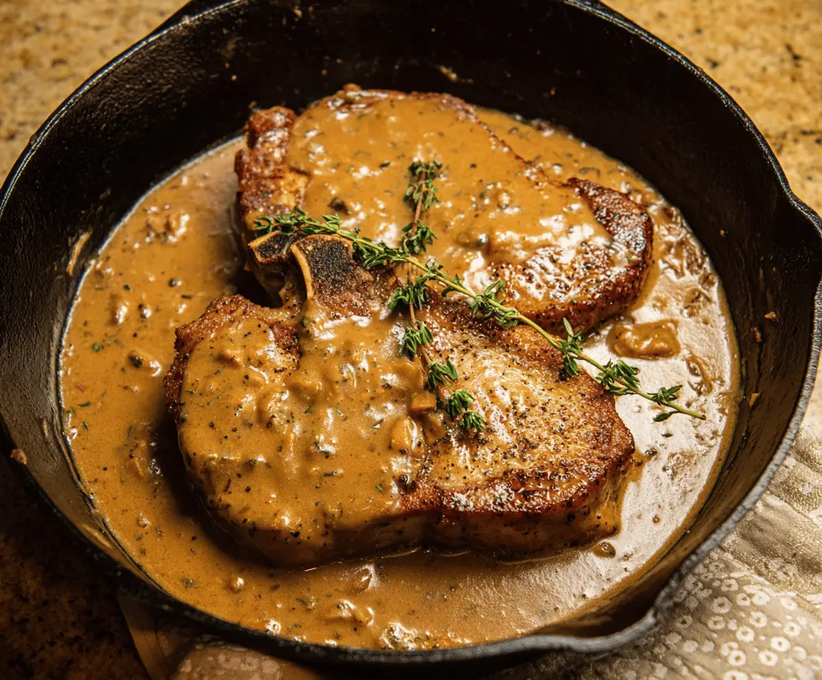 Juicy pork chop topped with rich gravy served with mashed potatoes and steamed vegetables on a plate.