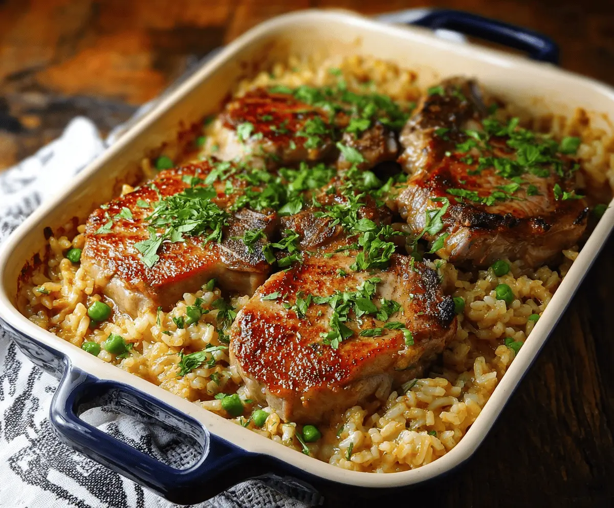 Delicious pork chops and rice casserole with golden-brown pork and seasoned rice, served hot on a white plate.