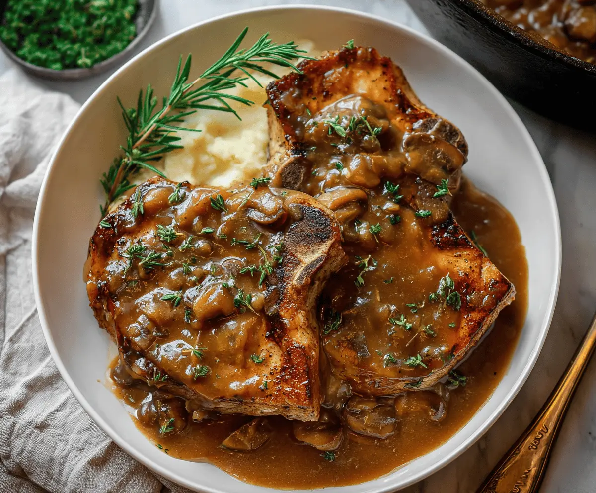 Juicy pork chops topped with rich brown gravy served on a plate, perfect for a comforting meal