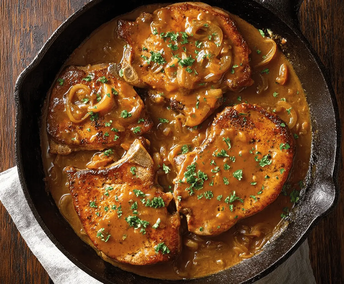 Juicy pork chops topped with savory onion gravy served on a plate, perfect for a hearty meal