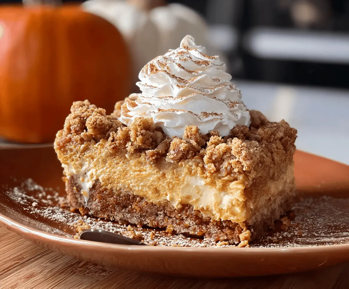 A delicious pumpkin autumn crunch dessert topped with whipped cream and sprinkled with crunchy spices, perfect for fall celebrations.