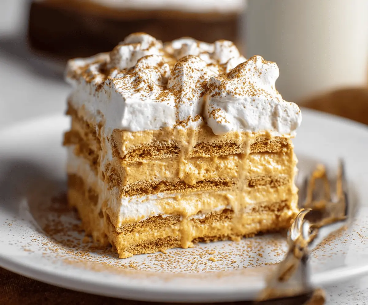 Delicious pumpkin icebox cake layered with whipped cream and graham crackers, perfect for fall desserts.