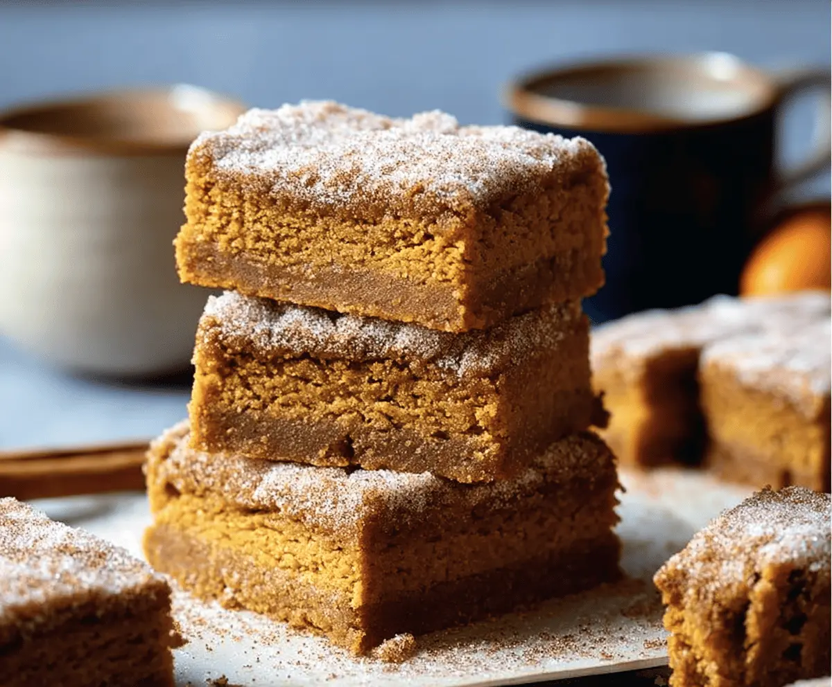 Delicious Pumpkin Snickerdoodle Bars topped with cinnamon sugar, perfect for fall desserts and sweet snacking