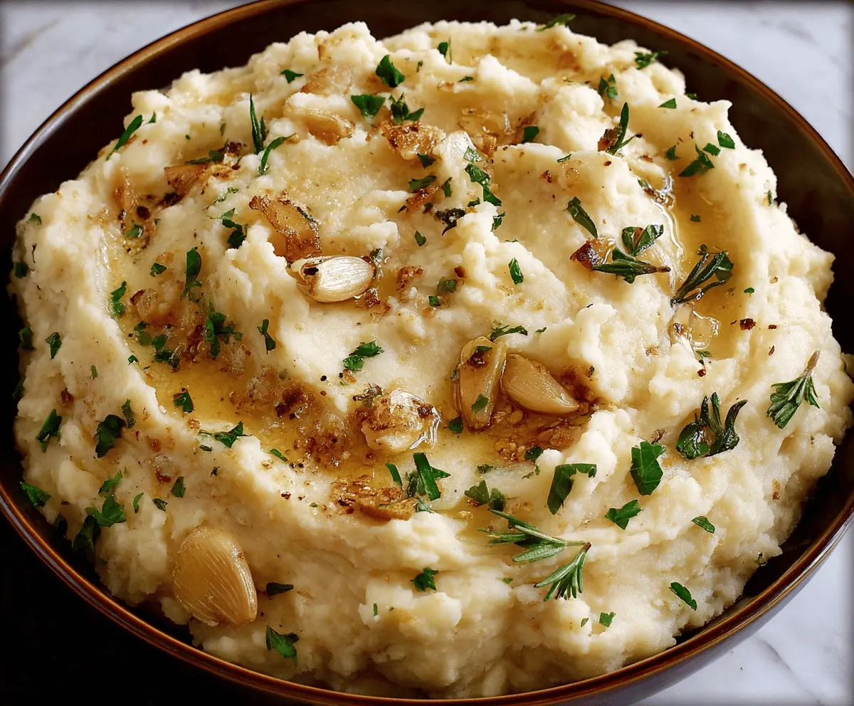 Creamy roasted garlic mashed potatoes served in a rustic bowl, perfect for comfort food lovers.