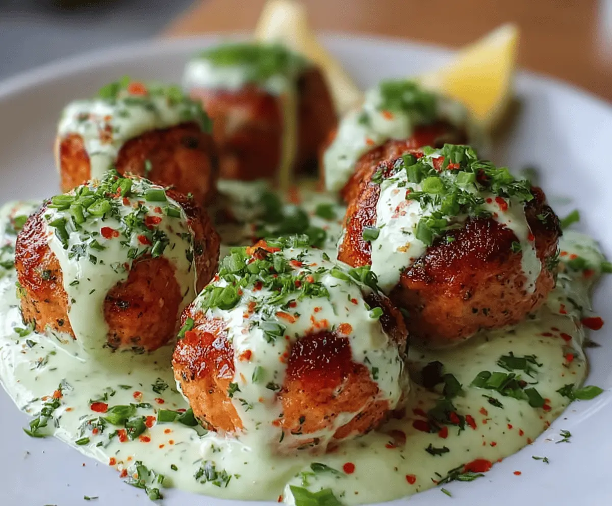 Delicious salmon balls served with a creamy avocado sauce on a white plate, garnished with fresh herbs