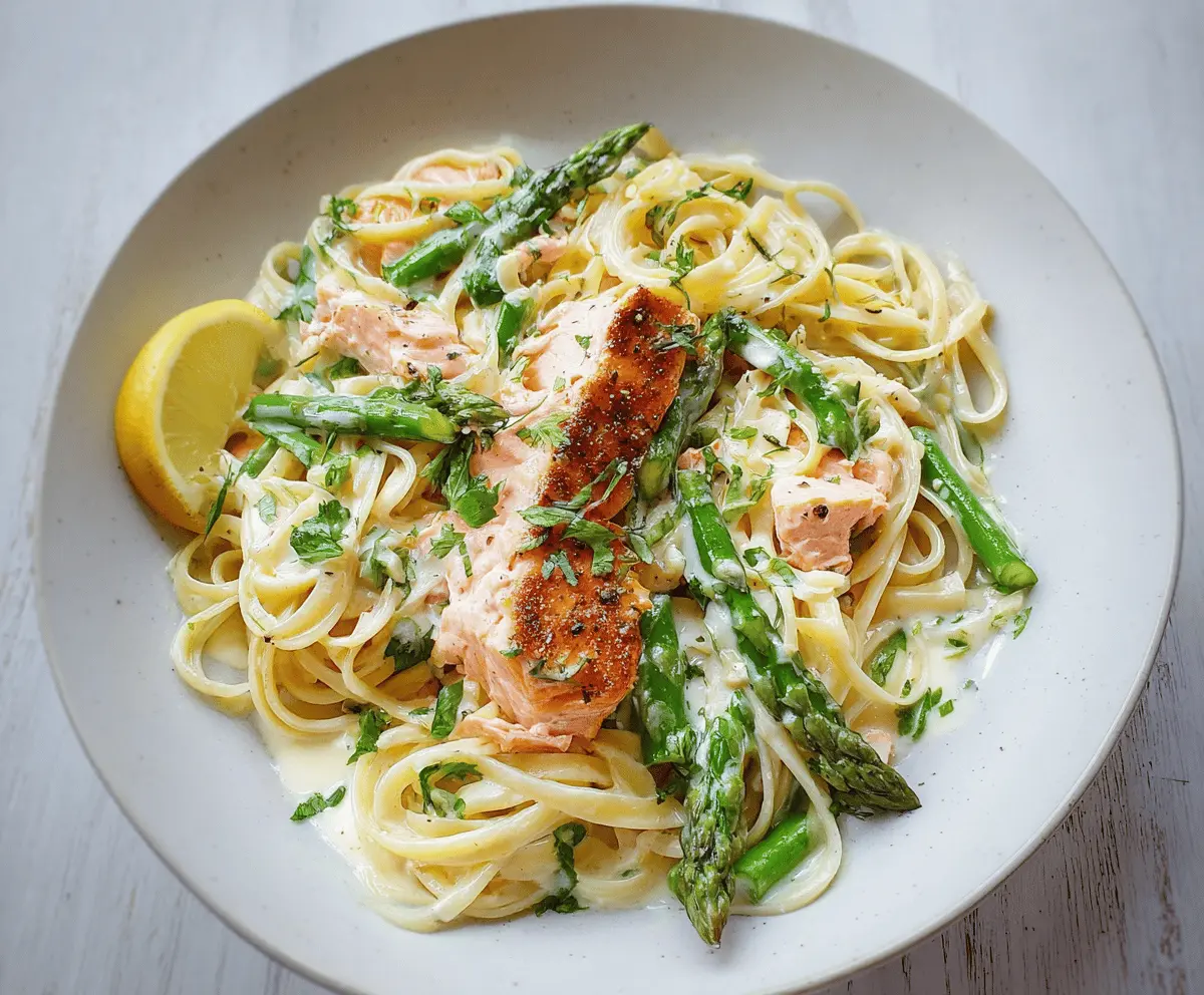 Creamy salmon pasta with lemon cream sauce topped with fresh herbs, served on a white plate