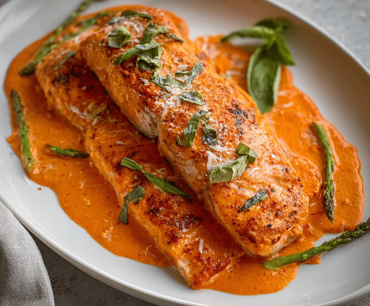 Delicious grilled salmon topped with vibrant roasted red pepper sauce on a white plate, served with fresh herbs and lemon wedges.