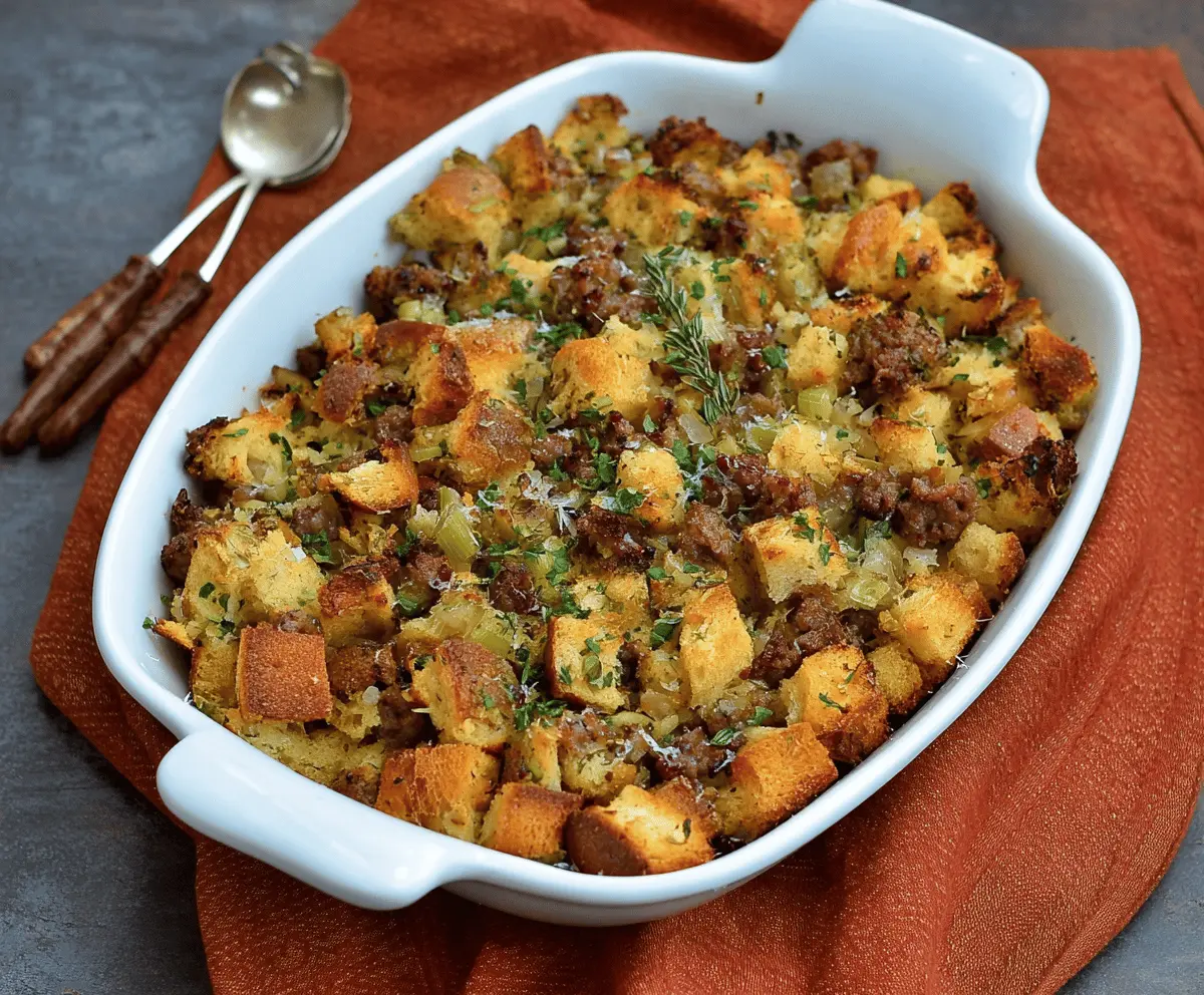 Delicious sausage and herb stuffing with golden-brown crust, perfect as a flavorful holiday side dish.