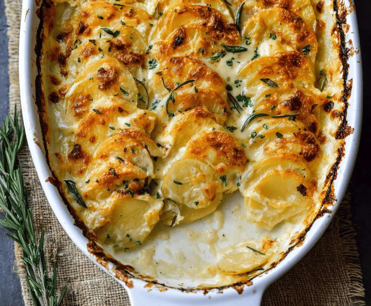Creamy scalloped potatoes baked to perfection with golden cheese and tender slices, served as a delicious side dish.