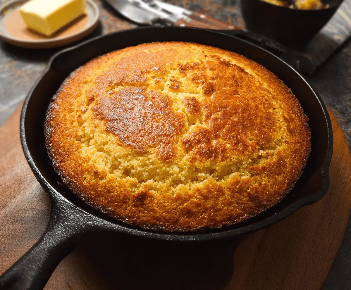 Golden skillet cornbread with a crispy crust served in a cast-iron skillet, perfect for comfort food dinners
