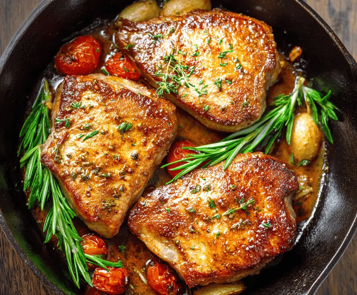 Juicy skillet pork chops cooked to perfection with golden-brown crust, served with fresh herbs and vegetables