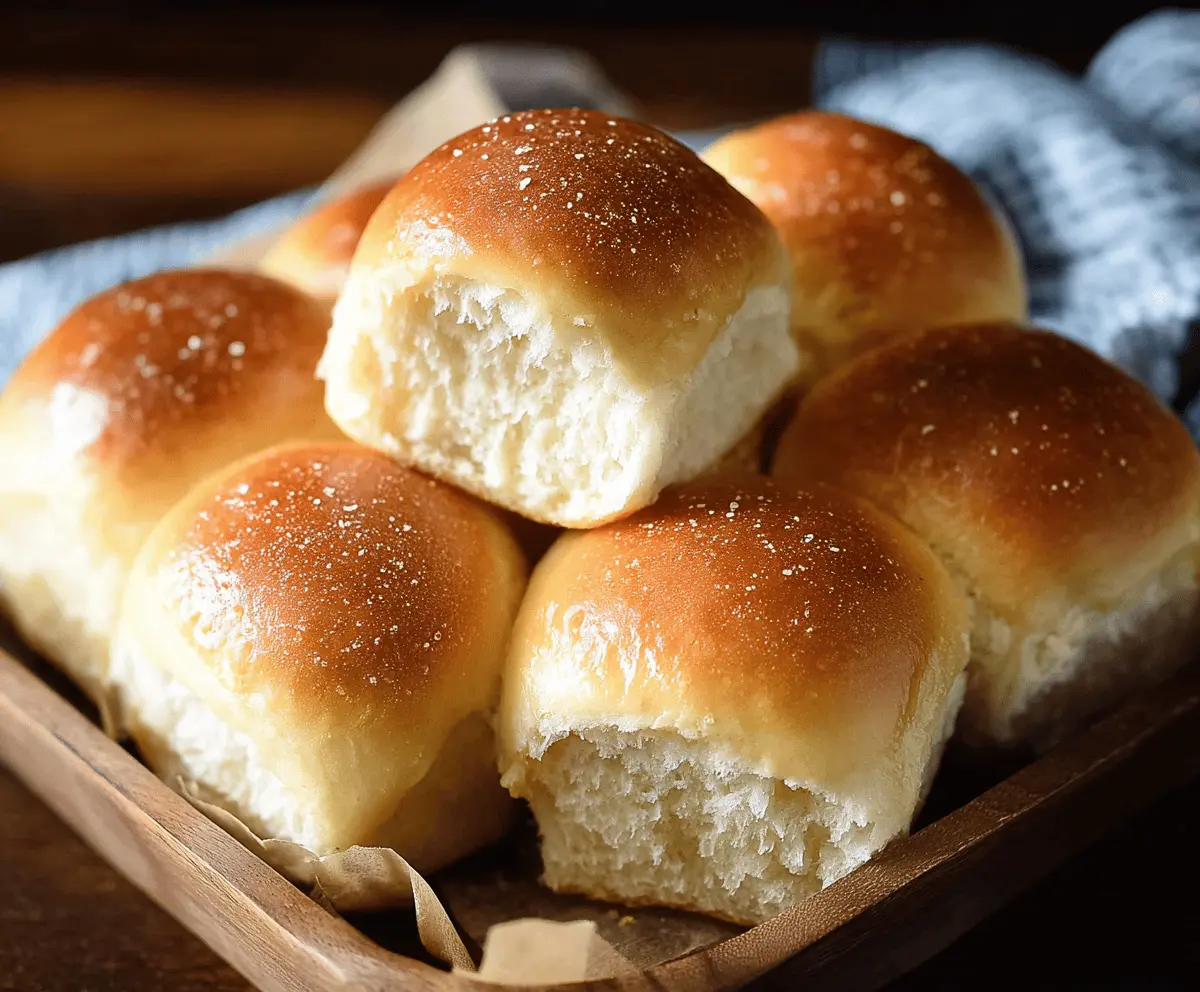 Freshly baked soft dinner rolls with a golden-brown crust, perfect for family meals and gatherings.