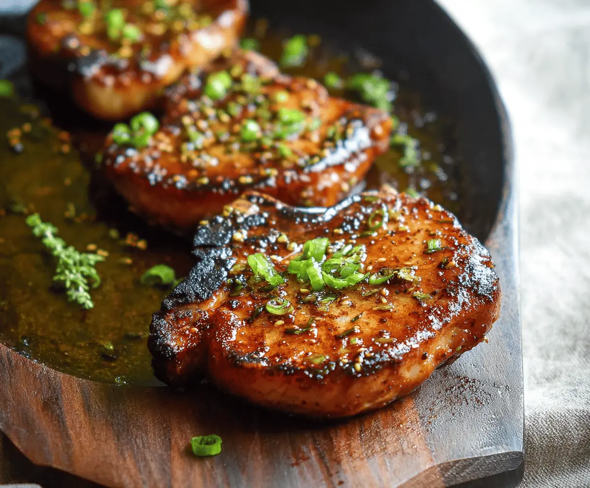 Juicy soy garlic pork chops garnished with fresh herbs on a rustic plate, perfect for a flavorful dinner recipe