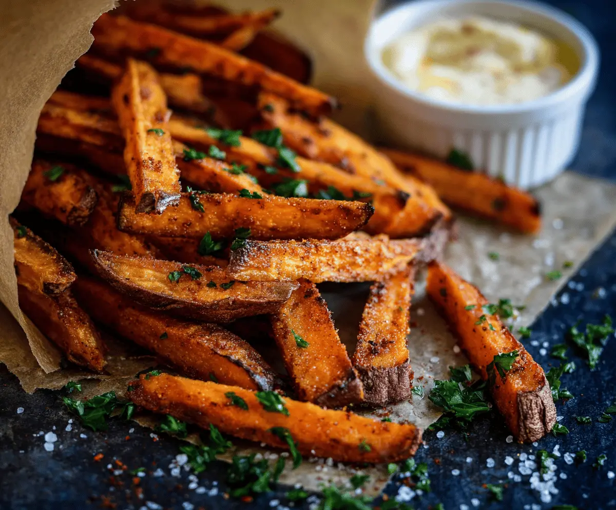 Spicy garlic sweet potato fries served with dipping sauce on a rustic plate, garnished with herbs, perfect for a flavorful snack or side dish