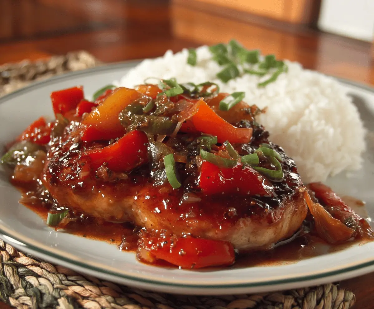 Juicy sweet and sour pork chops served with colorful vegetables and pineapple chunks on a white plate, garnished with fresh herbs.