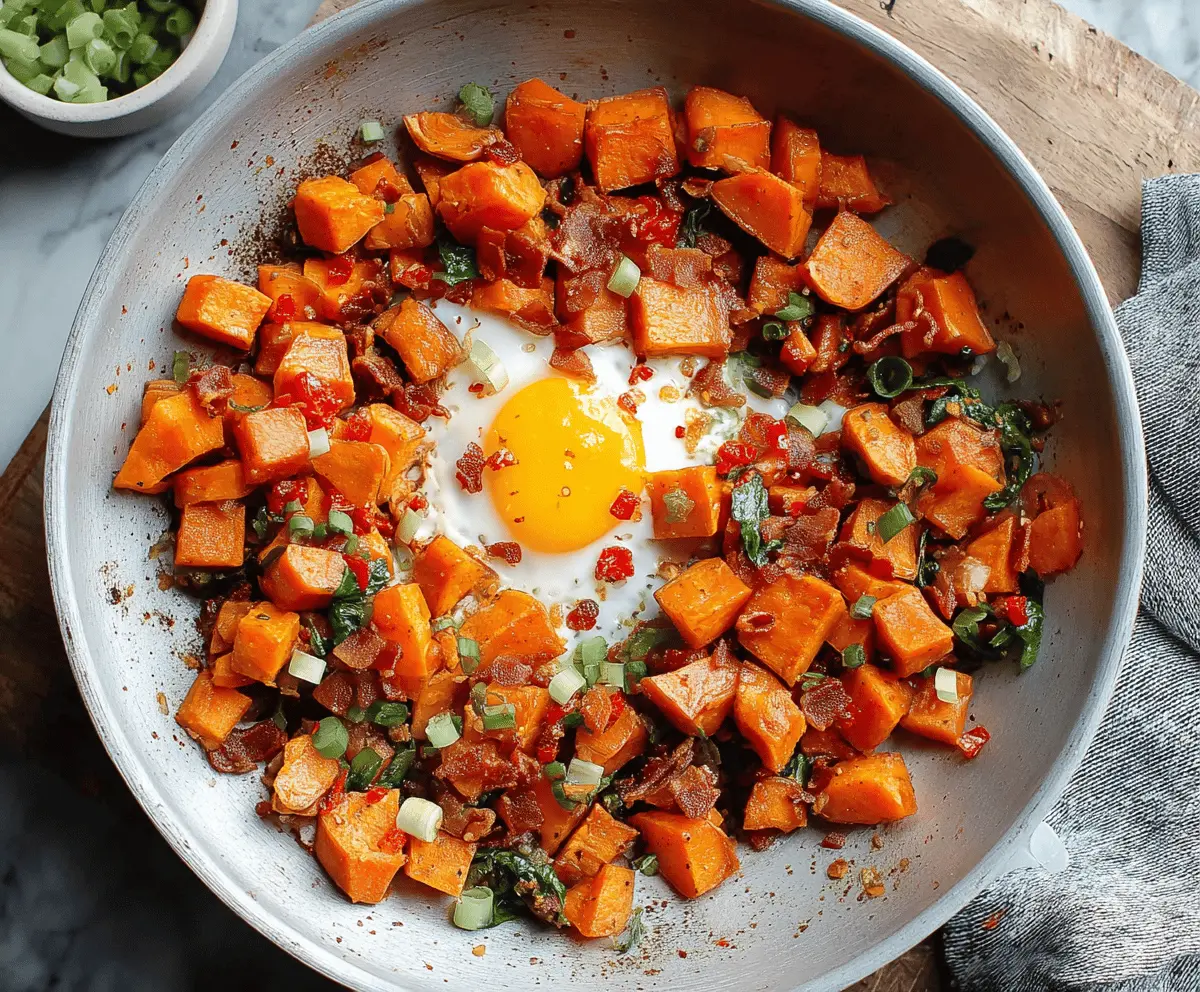 Colorful sweet potato breakfast hash with scrambled eggs, spinach, and bell peppers in a skillet for a hearty, healthy morning meal.