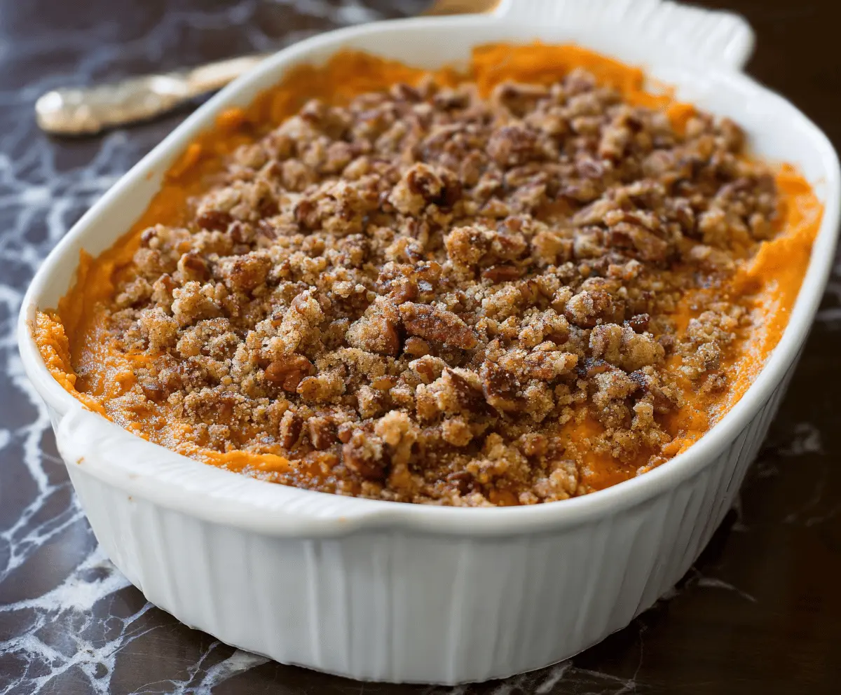 Delicious sweet potato casserole topped with crunchy pecan streusel, served as a comforting holiday side dish.