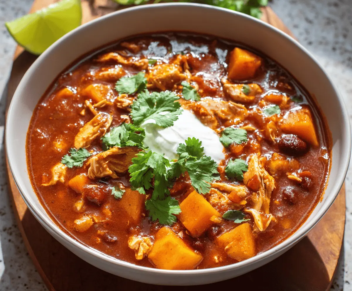 Hearty sweet potato and chicken chili served in a bowl with fresh herbs.