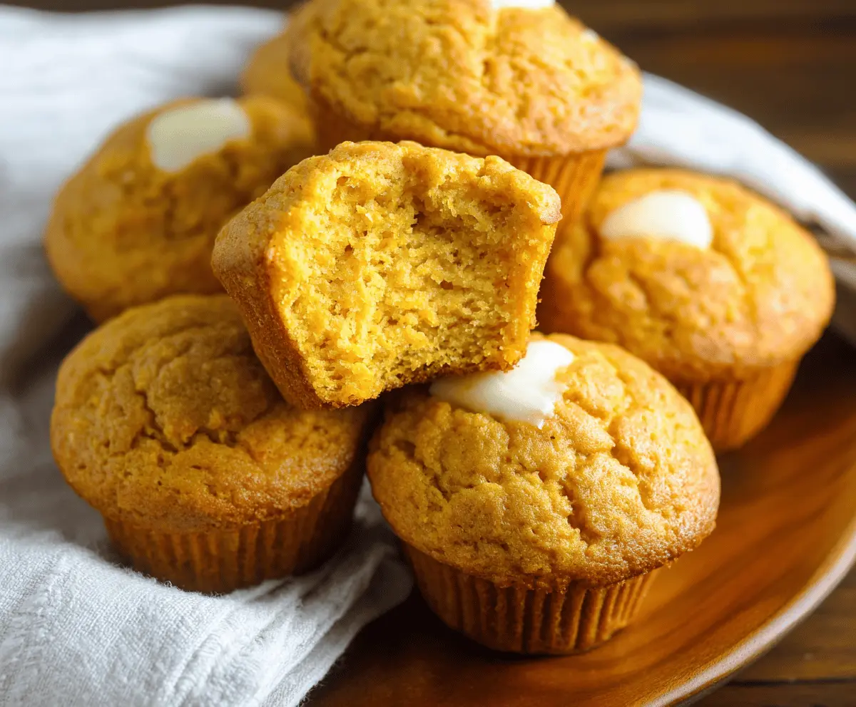 Delicious homemade sweet potato cornbread muffins topped with a golden crust on a rustic plate, perfect for a comforting breakfast or side dish.