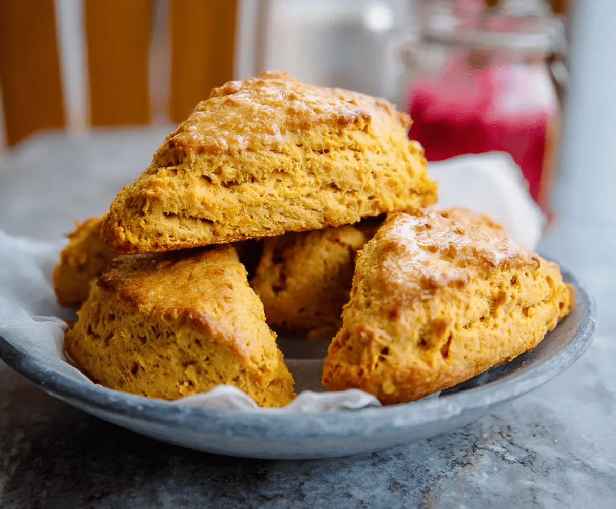 Golden-brown sweet potato scones with a flaky texture, perfect for breakfast or tea time.