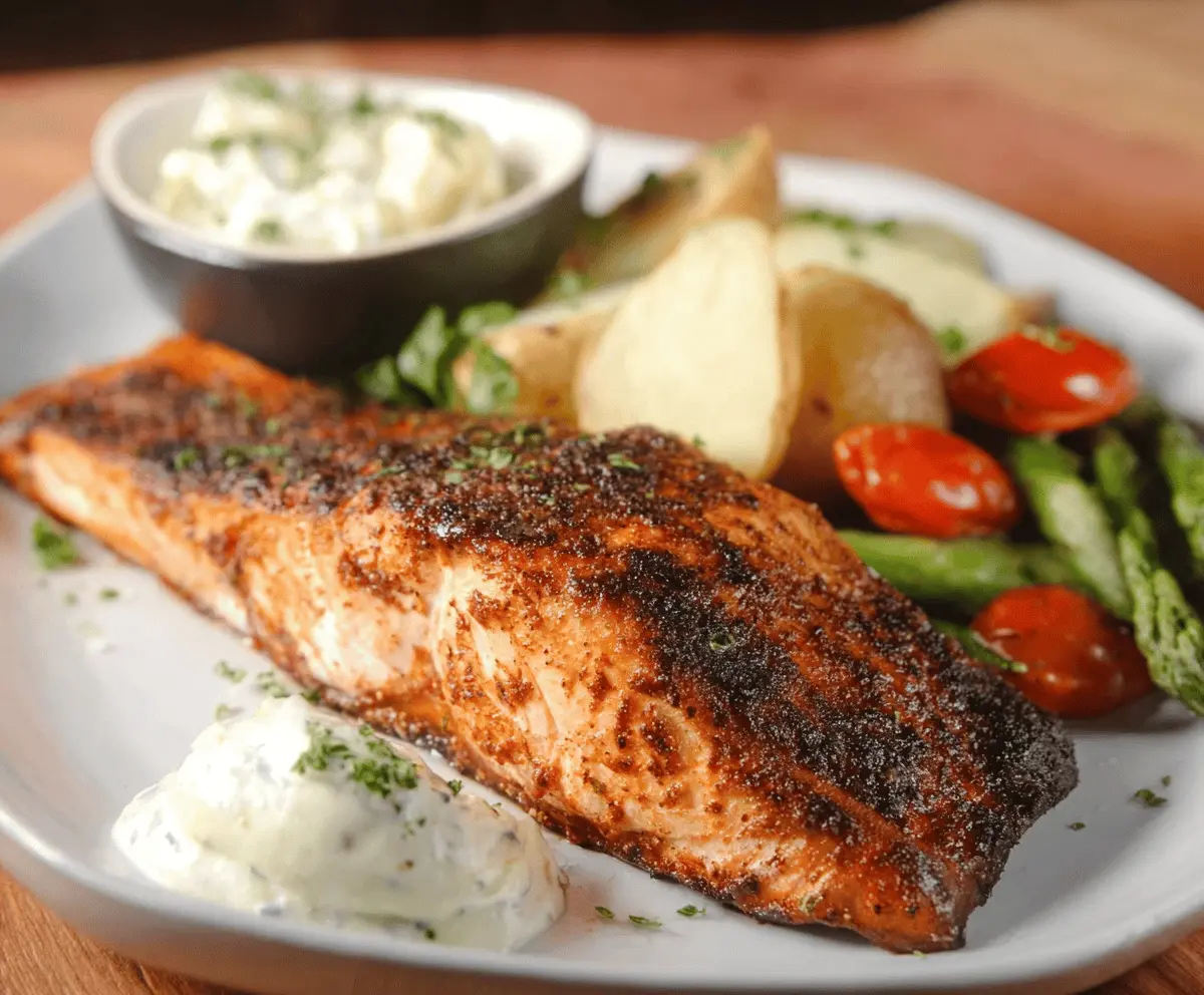 Delicious grilled salmon fillet served with fresh lemon wedges and colorful seasonal vegetables on a Texas Roadhouse plate.
