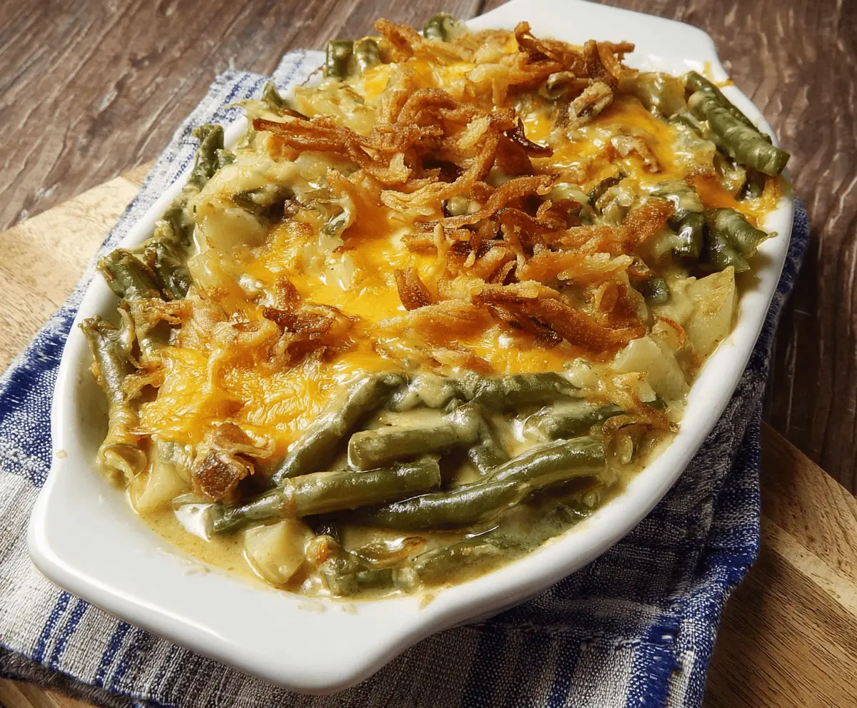 Creamy green bean casserole topped with crispy fried onions and sliced potatoes, perfect for a hearty and flavorful side dish.
