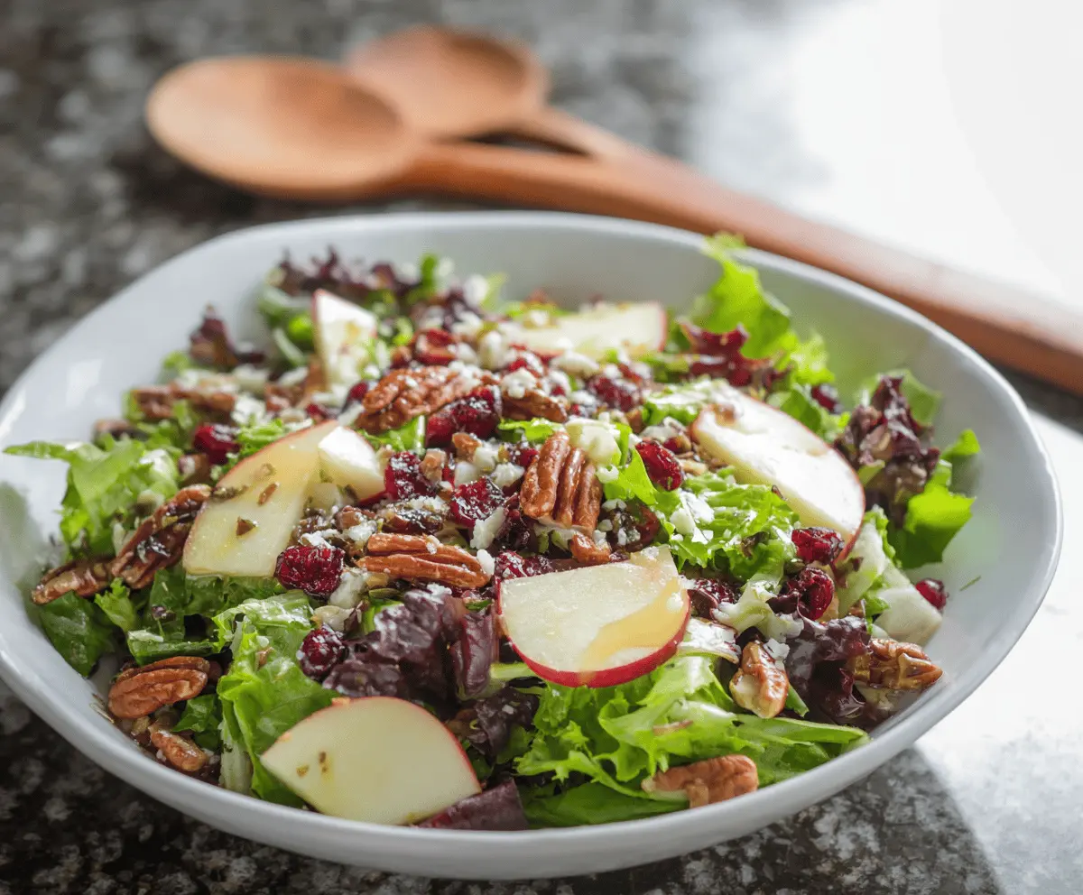 Fresh Apple Cranberry Pecan Salad in a clear glass bowl with colorful ingredients visible.