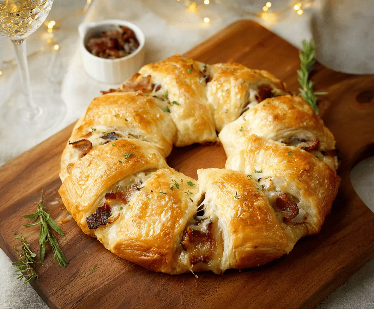 Delicious Bacon Brie Crescent Wreath garnished with fresh herbs, perfect for holiday appetizer platter.