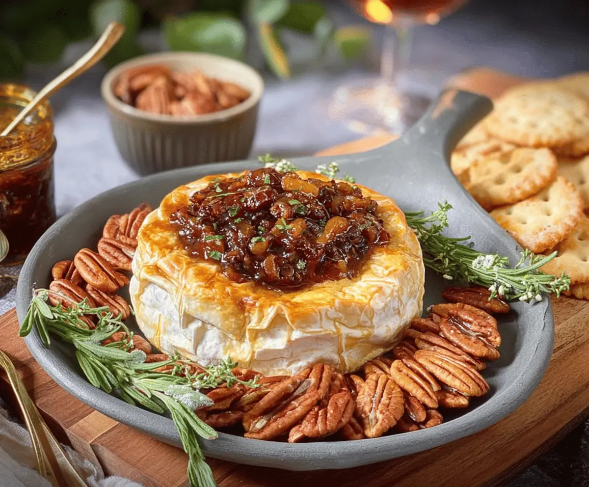 Delicious baked brie with fig jam and pecans served on a wooden platter, perfect appetizer for gatherings.