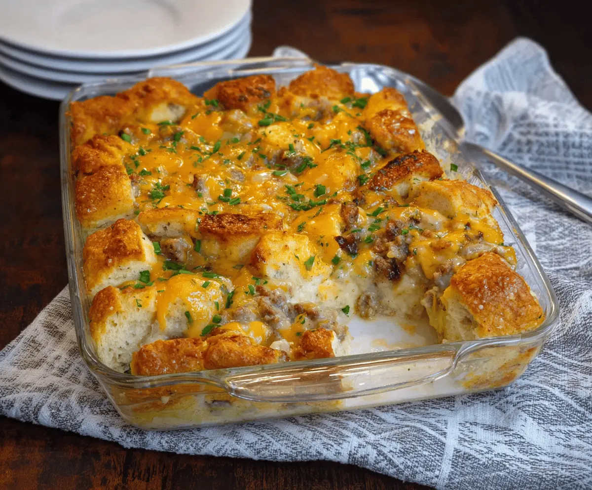 Delicious Biscuits and Gravy Breakfast Casserole served in a baking dish with golden biscuits and creamy gravy.