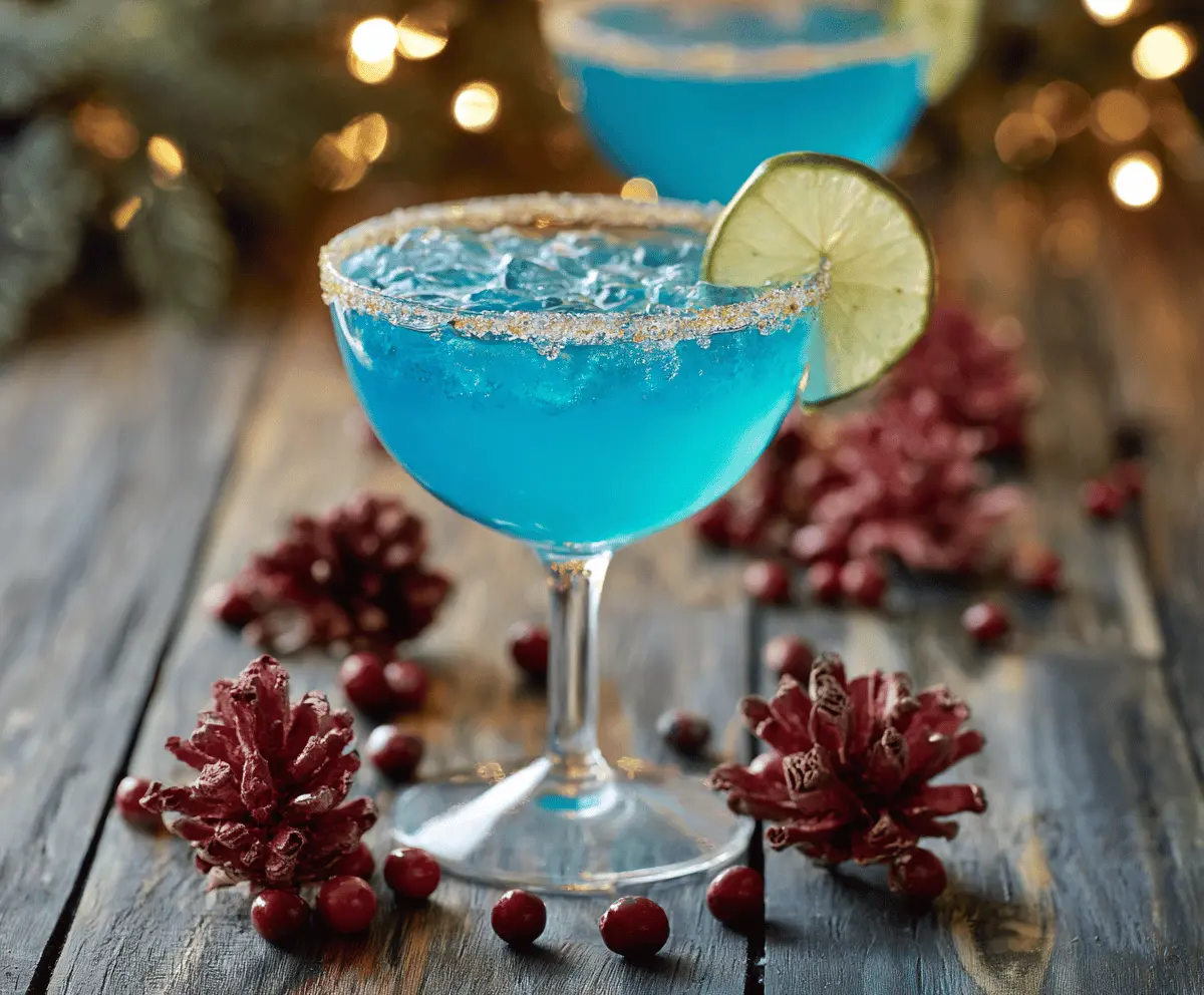 Vibrant Blue Christmas Cocktail garnished with a cherry and holiday straw for festive celebration.