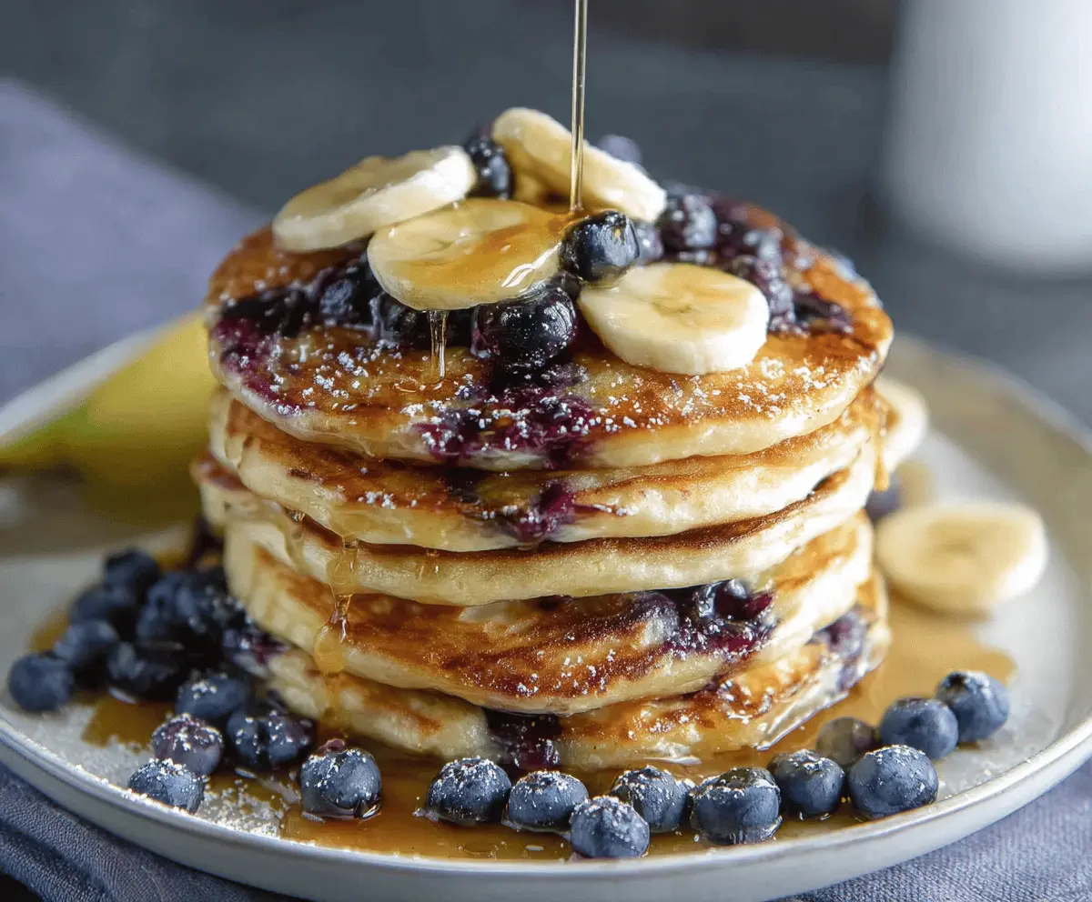 Delicious blueberry and banana pancakes served on a plate with fresh berries and syrup.