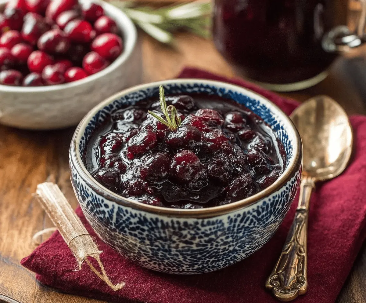 Fresh blueberry and cranberry sauce in a glass bowl, perfect for holiday desserts.