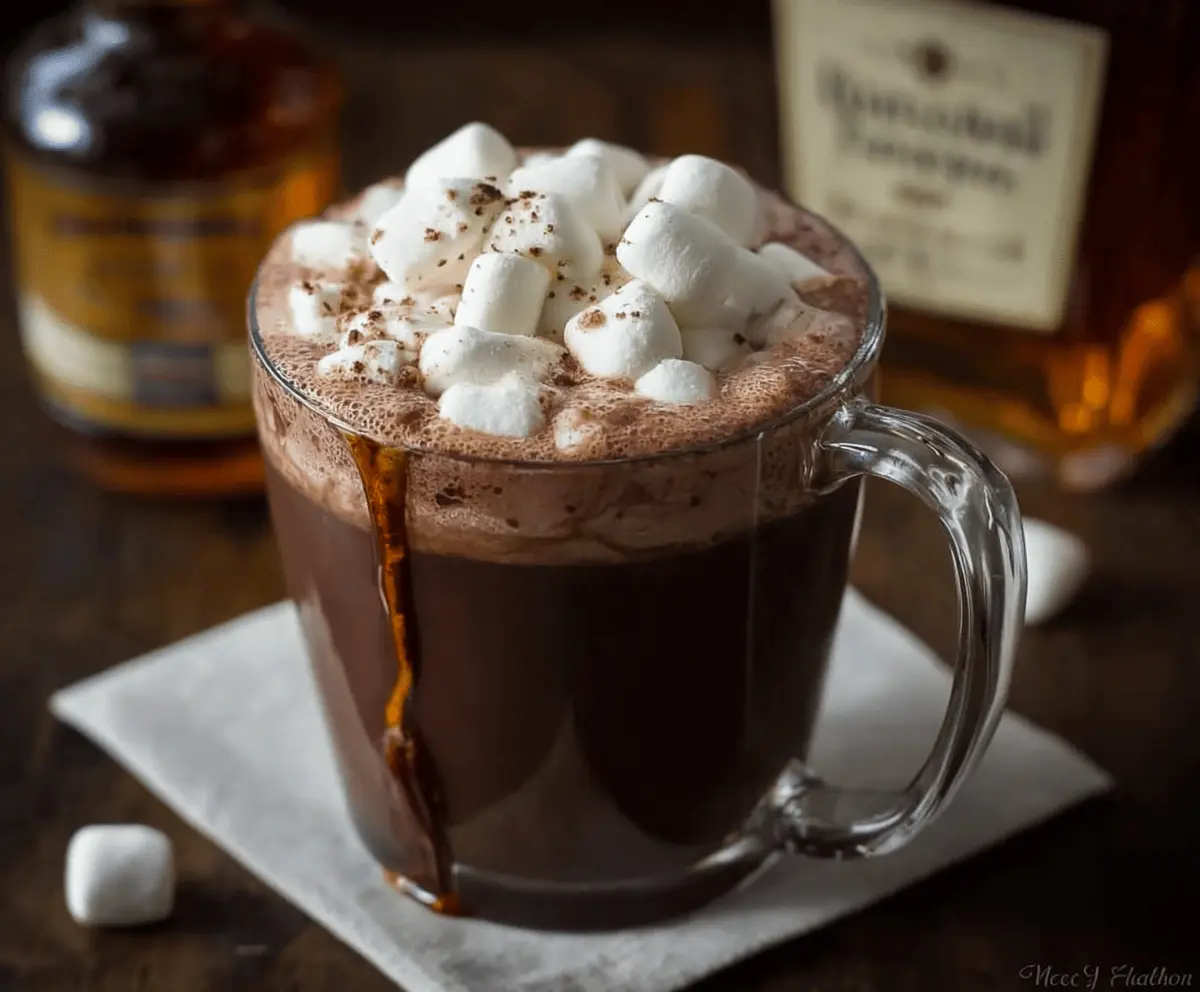Creamy Bourbon Spiked Hot Chocolate in a cozy mug with whipped cream and chocolate shavings, perfect for winter evenings.