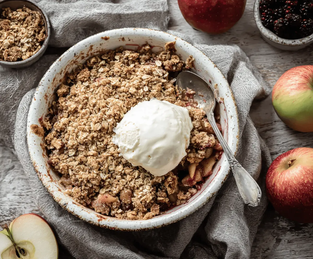 Delicious homemade breakfast apple crumble with warm, baked apples and crispy crumble topping.