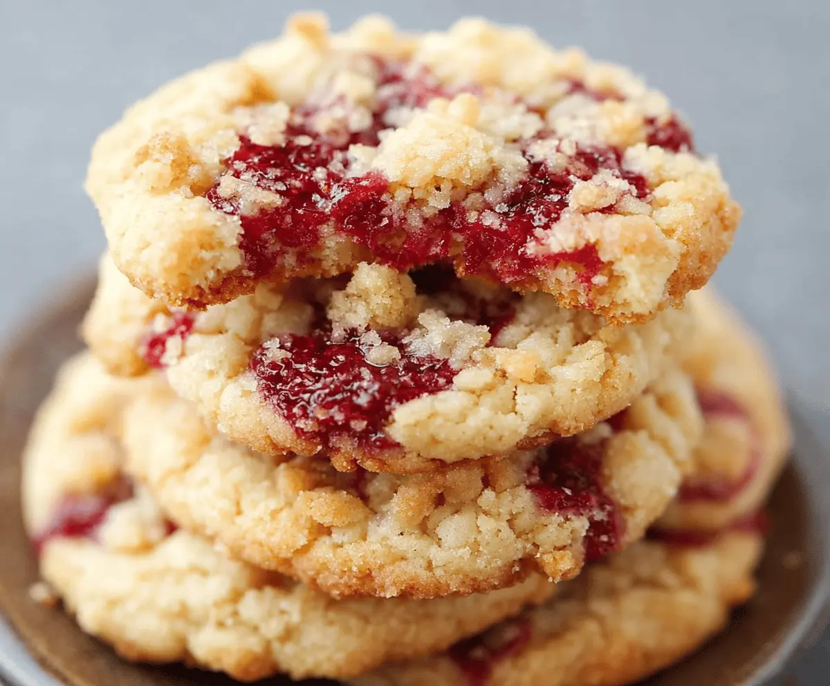 Delicious buttery raspberry crumble cookies with a golden finish and fresh raspberry filling