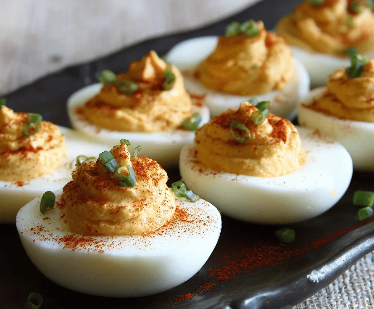 Creamy Cajun deviled eggs garnished with paprika and chopped herbs, perfect for appetizers.