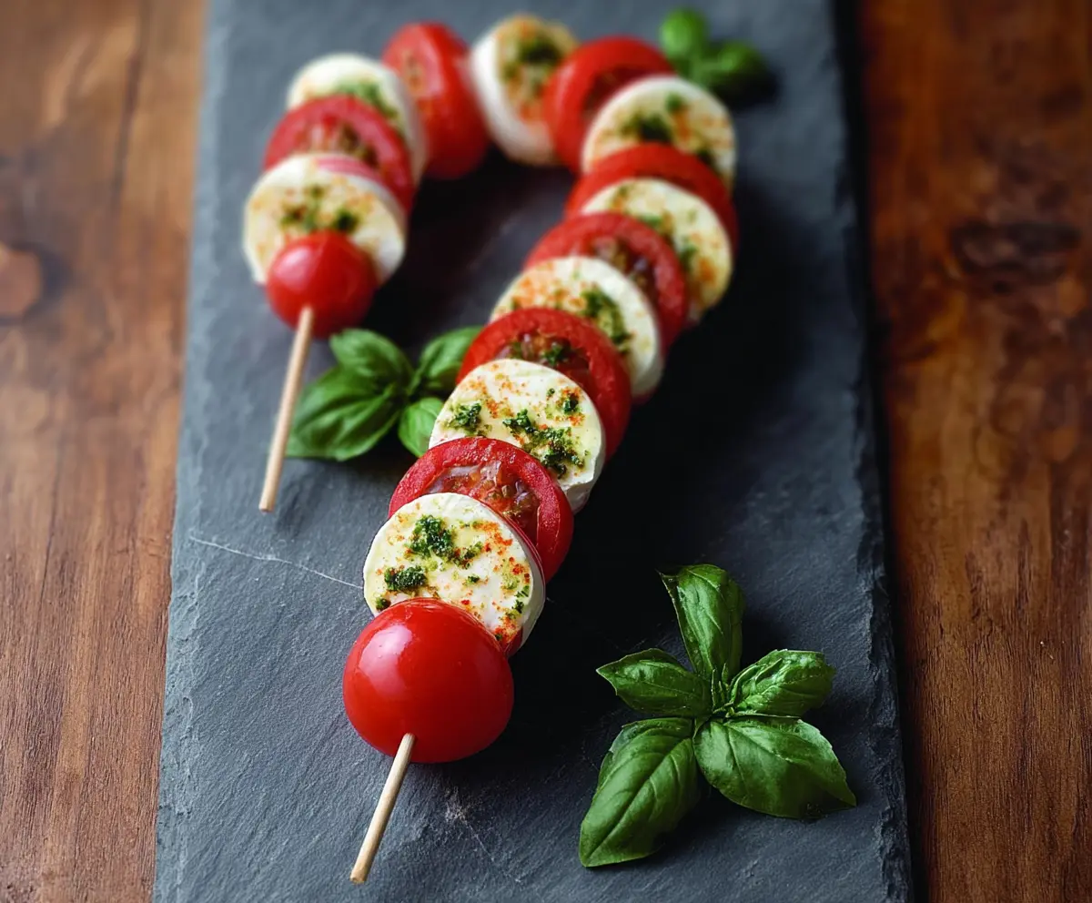 Candy Cane Caprese Skewers with cherry tomatoes, fresh mozzarella, and mint for a festive appetizer