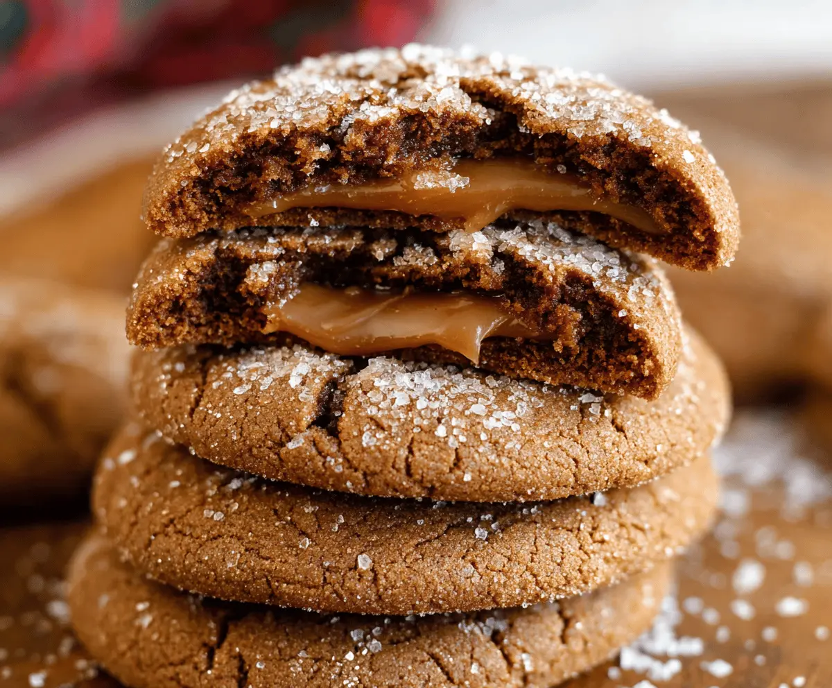 Delicious caramel-stuffed gingerbread cookies with a festive holiday presentation