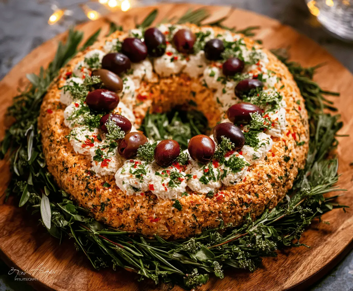 Delicious cheeseball wreath appetizer garnished with herbs for a festive party