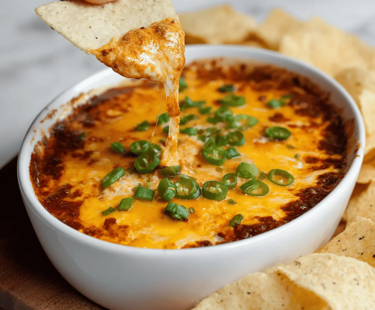 Creamy chili cheese dip served with tortilla chips, perfect for party snacks and game day appetites.