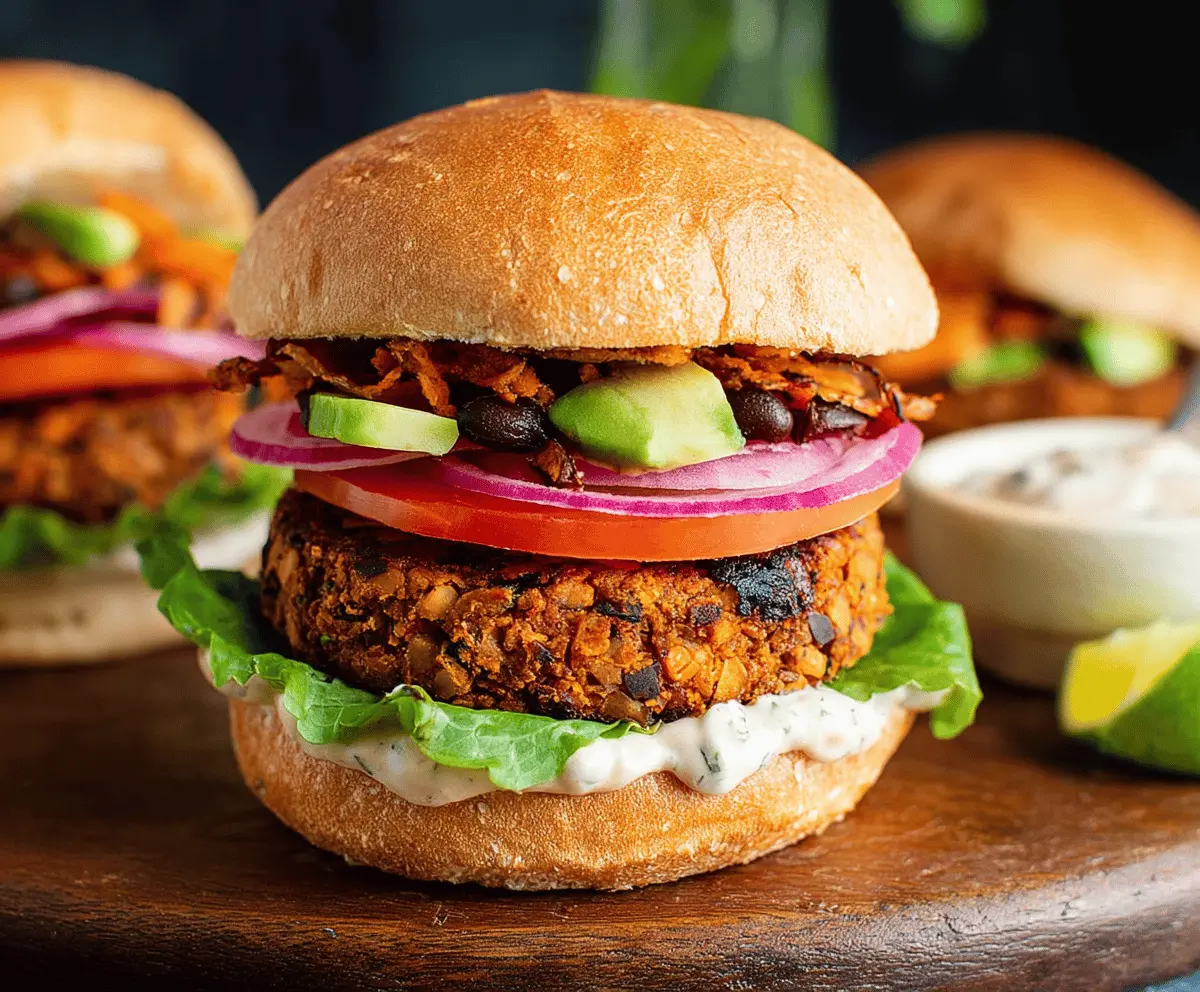 Delicious Chipotle Black Bean Sweet Potato Burgers with fresh toppings on a plate.