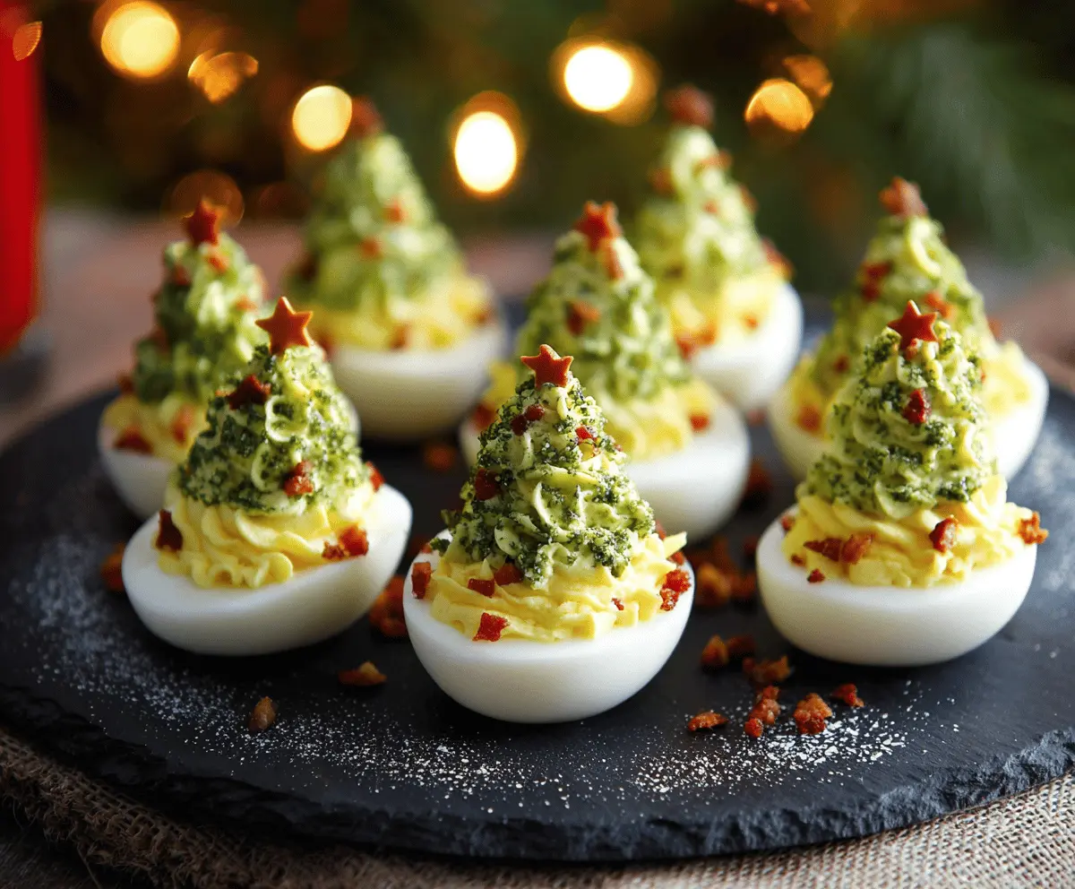 Festive Christmas deviled eggs garnished with colorful herbs on a holiday platter