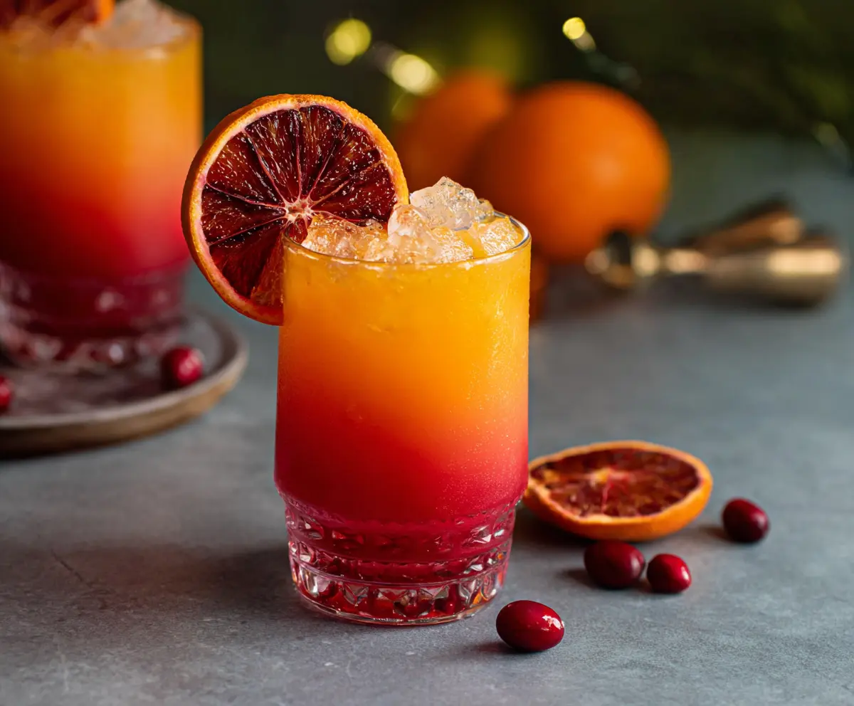 Festive Christmas-themed Tequila Sunrise cocktail garnished with cherries and orange slices.