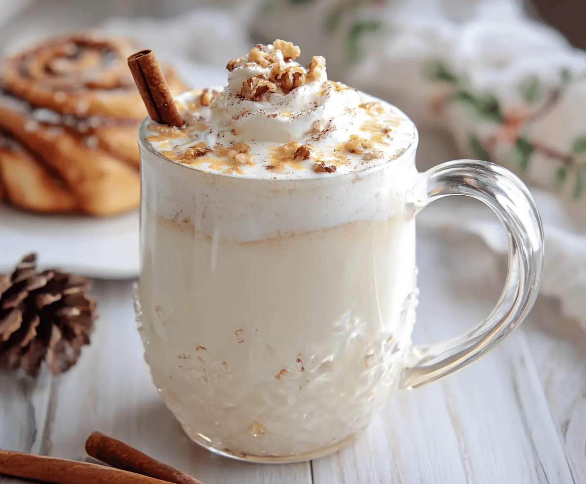 Creamy cinnamon bun white hot chocolate topped with whipped cream and cinnamon for a cozy winter treat.