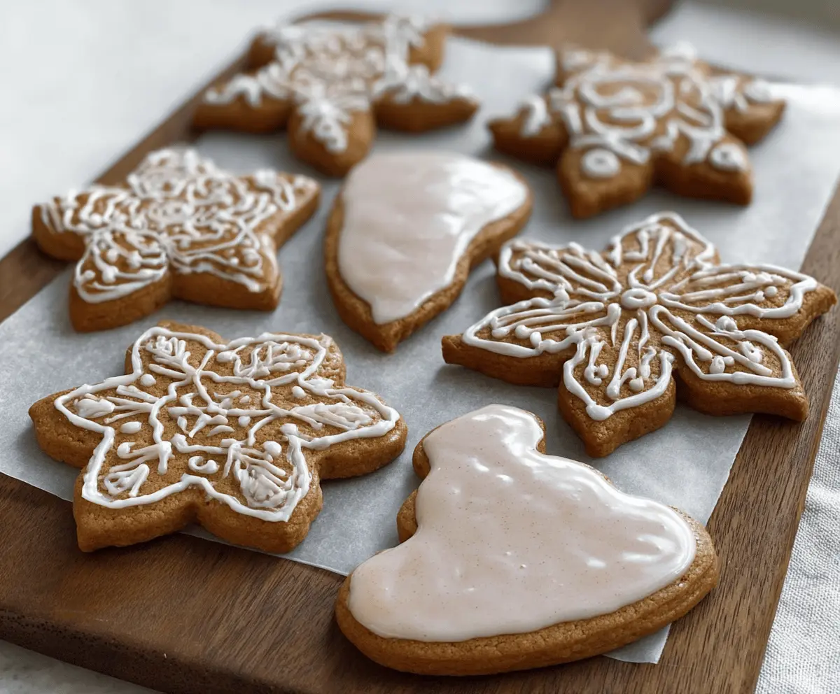 Image of cinnamon iced gingerbread cookies decorated with icing and sprinkles.