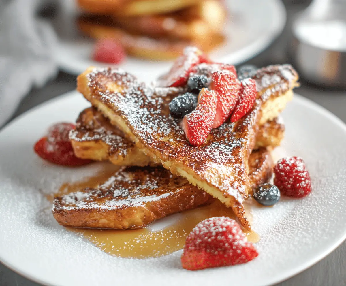 Delicious cinnamon sugar French toast served with a dusting of cinnamon on top.