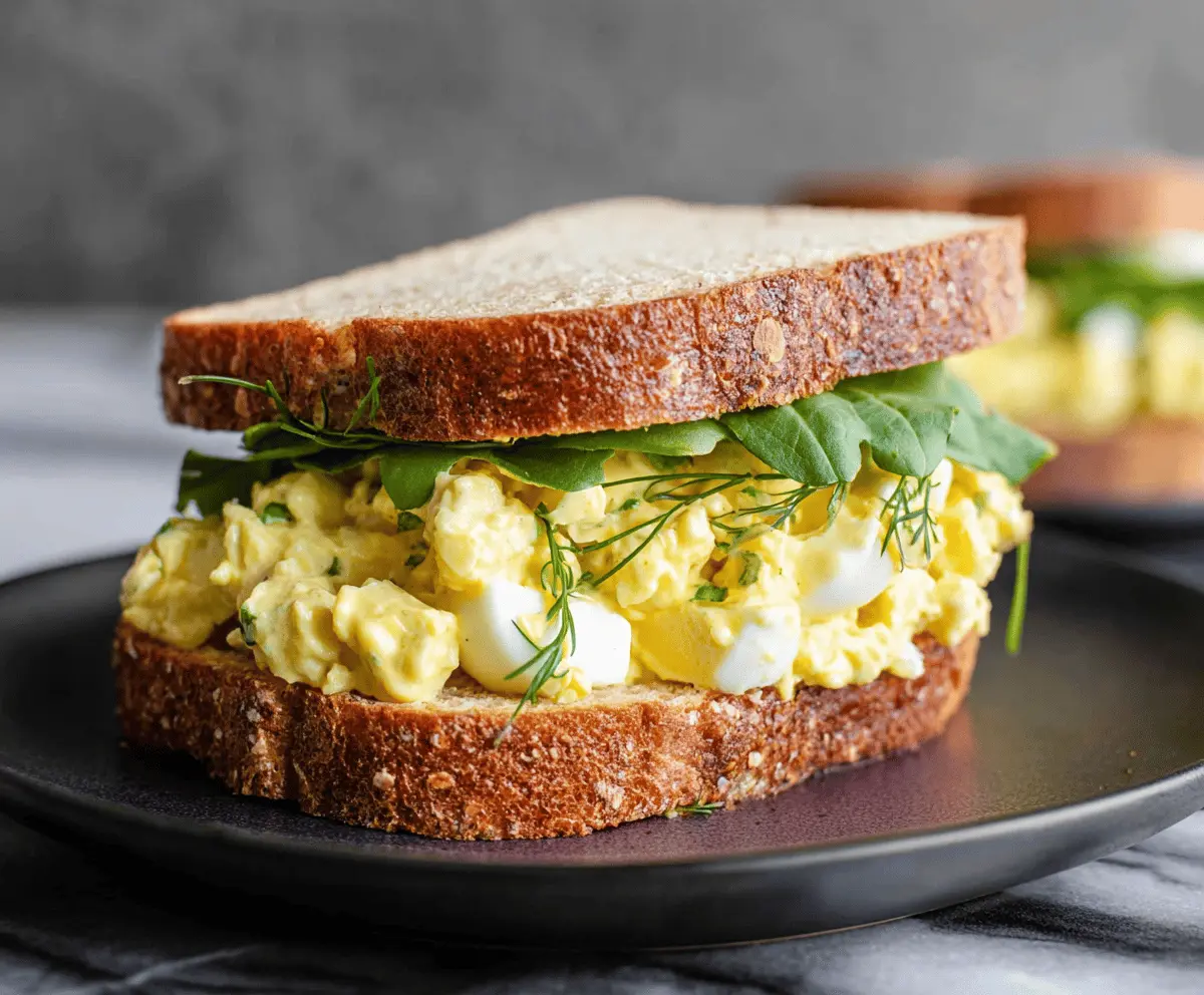 Delicious classic egg salad sandwich on whole grain bread with fresh lettuce and creamy filling.
