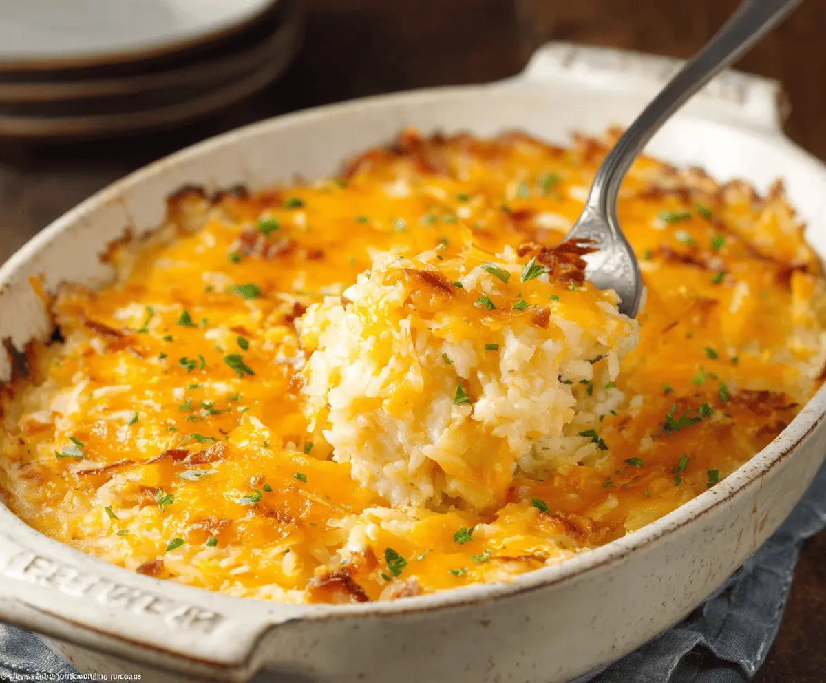 Savory Cracker Barrel Hashbrown Casserole topped with melted cheese and crispy bacon pieces.