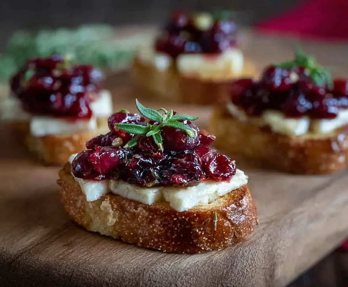 Delicious cranberry brie toast topped with fresh cranberries and herbs for a festive appetizer.
